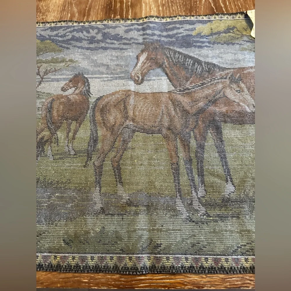 Vintage ITALIAN Velvet WILD HORSES Equine WALL Hanging TAPESTRY Rug MCM Italy
